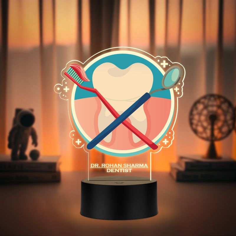 Personalized Dentist LED Night Lamp with Tooth and Dental Tools Design, Warm White Acrylic Light with Black Base Gift for Dentist Nightlight for Dental Clinic